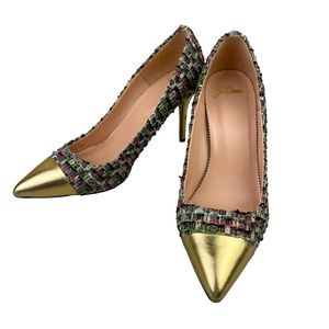 J Crew Elsie Pump Stiletto Heels Metallic Tweed Fabric Gold Cap Toe Heel Size 8